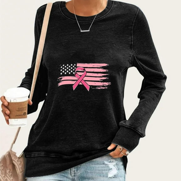Uootdi Breast Cancer Awareness Crew Neck Long Sleeve Shirt Women Breast Cancer Survivor Tops Ribbon Graphic Pullover Gift Sweat shirt Fit Shirts