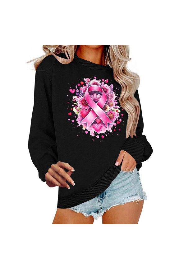 Breast Cancer Awareness Crew Neck Long Sleeve Shirt Women Ribbon Graphic Pullover Sweatshirt Breast Cancer Survivo Gift r Tops Casual Loose