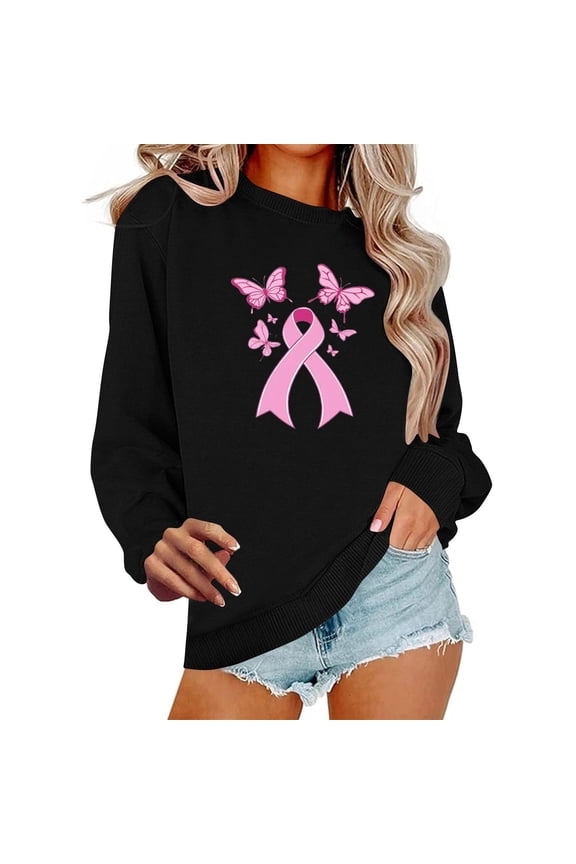 Breast Cancer Awareness Crew Neck Long Sleeve Shirt Women Ribbon Graphic Pullover Sweatshirt Breast Cancer Survivo Gift r Tops Casual Loose