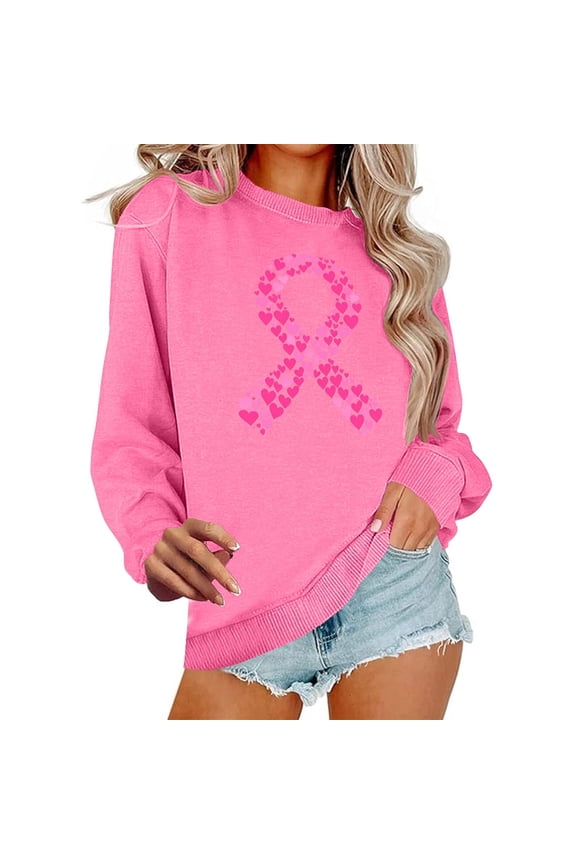 Breast Cancer Awareness Crew Neck Long Sleeve Shirt Women Ribbon Graphic Pullover Sweatshirt Breast Cancer Survivo Gift r Tops Casual Loose