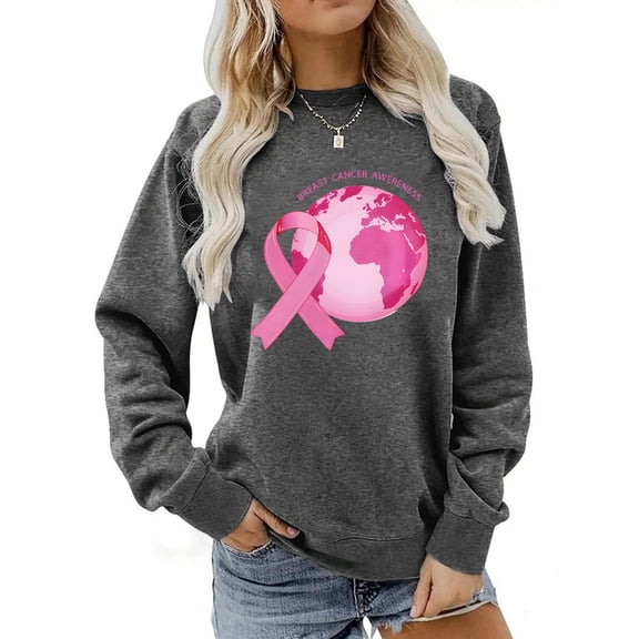 Uootdi Breast Cancer Awareness Shirts Gift for Women Pink Classic Print Graphic Design Sweatshirts Oversized Pullover Fleece F all Tops