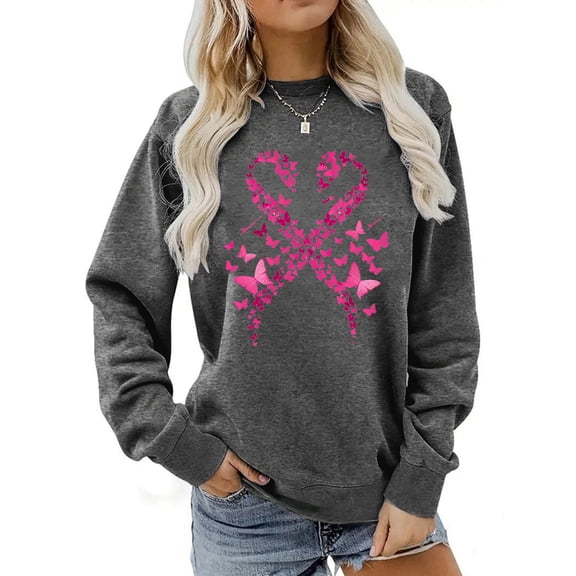 Uootdi Breast Cancer Awareness Shirts Gift for Women Pink Classic Print Graphic Design Sweatshirts Oversized Pullover Fleece F all Tops