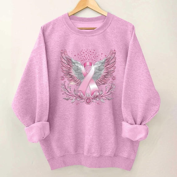 Uootdi Breast Cancer Awareness Womens Sweatshirt Crew Neck Long Sleeve Pink Bow Print Oversized Womens Tops
