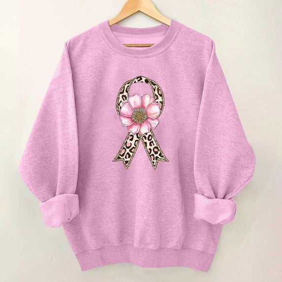 Uootdi Breast Cancer Awareness Womens Sweatshirts Round Neck Long Sleeve Breast Cancer Awareness Graphic Print Loose Womens Shirts