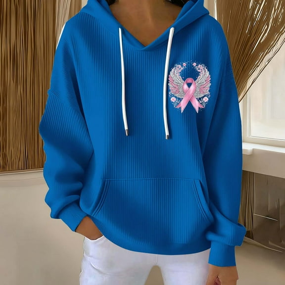 Uootdi Breast Cancer Long Sleeve Gift Shirt for Women Tackle Breast Cancer Pink Ribbon Pink Rugby Print Football Casual Hoodies