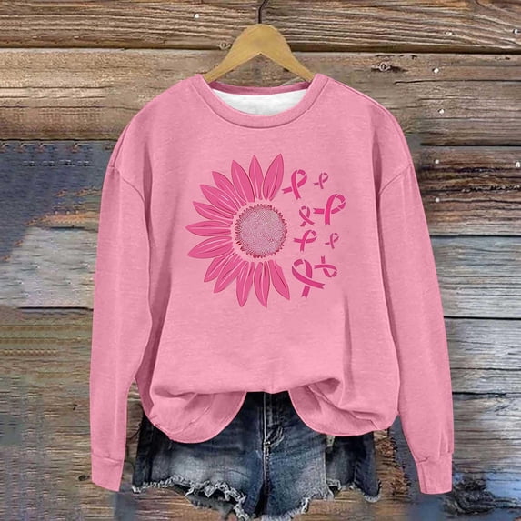 Uootdi Breast Cancer Long Sleeve Shirts for Women Plus Size Pink Ribbon Graphic Sweatshirt Long Sleeve Breast Cancer Survivor Shirt