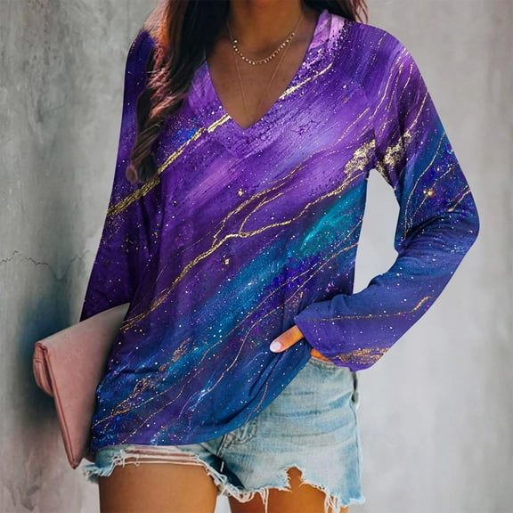 Uootdi Breast Cancer Long Sleeve Shirts for Women V Neck Gift Breast Cancer Survivor Shirt Casual Butterfly Graphic Loose Basic T