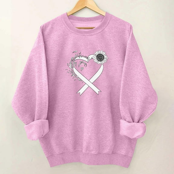 Uootdi Breast Cancer Long Sleeve Sweatshirts for Women Pink Ribbon Breast Gift Cancer Awareness Pullover Pink Crewneck Survivo r Sweatshirt Casual Y2k