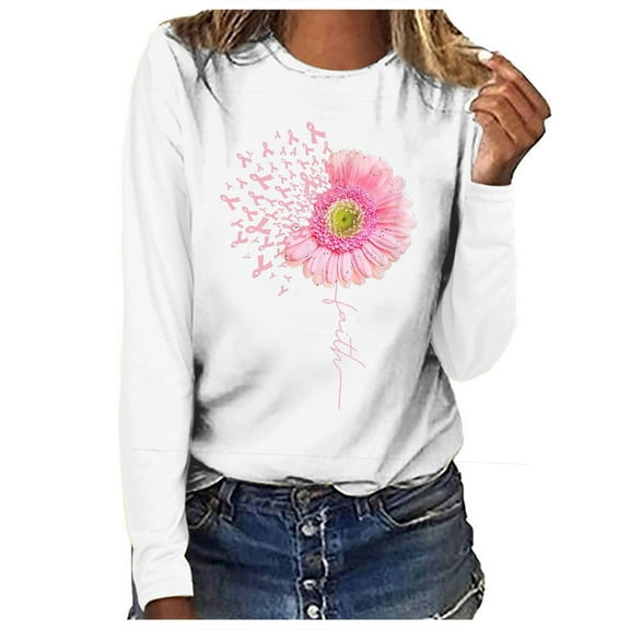 Uootdi Breast Gift Cancer Awareness Long Sleeve Tops for Women Cute Crewneck Pink Ribbon Print Shirts Causal Tshirt Blouse