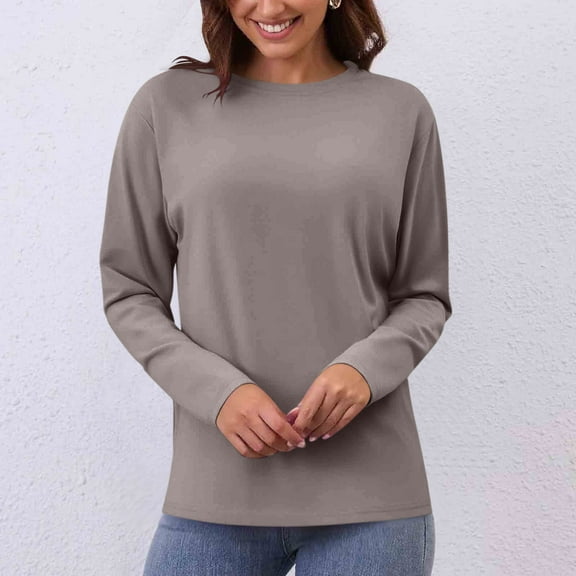 Uootdi Business Casual Outfits Dressy Gift Long Sleeve Shirts for Women Basic Tops Blouses Crewneck Solid Color Loose Fit Fall Cl othes