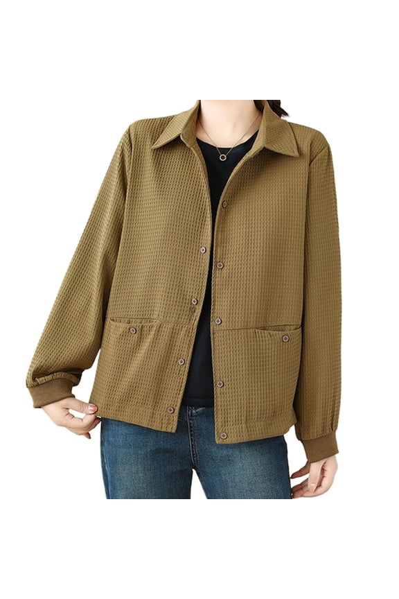 Business Casual Outfits for Gift Women Long Sleeve Button Down Waffle Jacket Quilted Shacket Overshirt with Pockets Fall