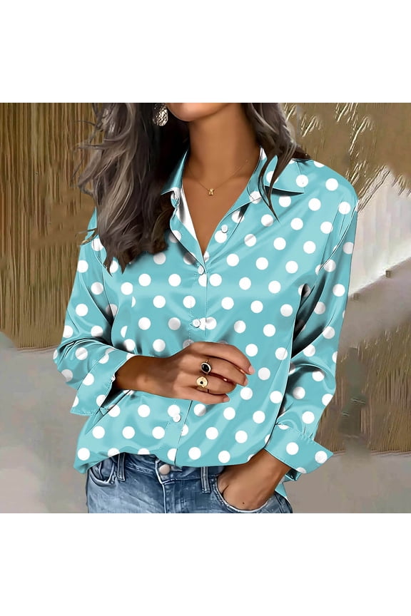 Business Casual Outfits for Women Satin Button Down Polka Dot Print Long Sleeve Shirts Casual Workwear Blouses Tunics Gift