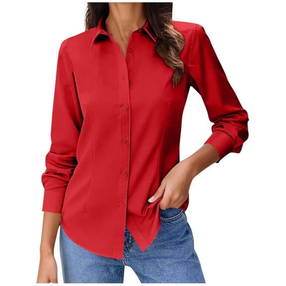 Uootdi Button Down Long Sleeve Shirts for Women Classic-Fit Dress Shirts Wrinkle-Free Solid Color Casual Work Office Blouse Top Gift