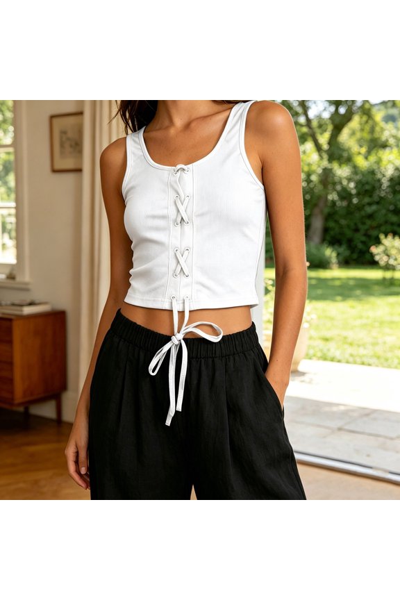 Camisole Tops for Women Curved U Neck Sleeveless Front Lace Up Vertical Ribbed Knit Crop Tank Tops for Women Slim Fit Stretchy Soft Womens Tees