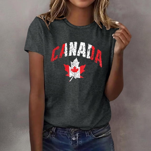Uootdi Canada Day Tops for Women Short Sleeve Crewneck Canada Heart Maple Leaf Graphic Print National Day Celebrations Tees Shirts Gift