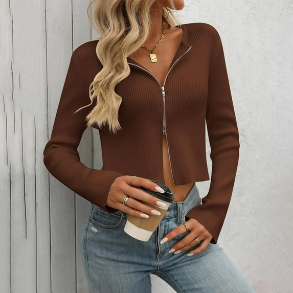 Uootdi Cardigan Sweaters for Women Long Sleeve Zip Up Tops Sexy Solid Color Slim Gift Fit Ribbed Knitted Crop Top T Shirt