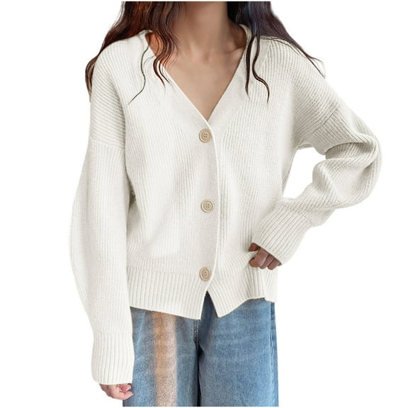 Uootdi Cardigan Sweaters for Women V Neck Oversized Lightweight Crop Solid Button Down Knit Gift Long Sleeve Open Front Sweater