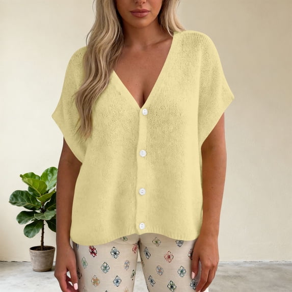 Uootdi Cardigans for Women V Neck Button Front Cap Sleeve Sweaters Loose Fit Soft Comfy Casual Daily Knit Sweaters Gift