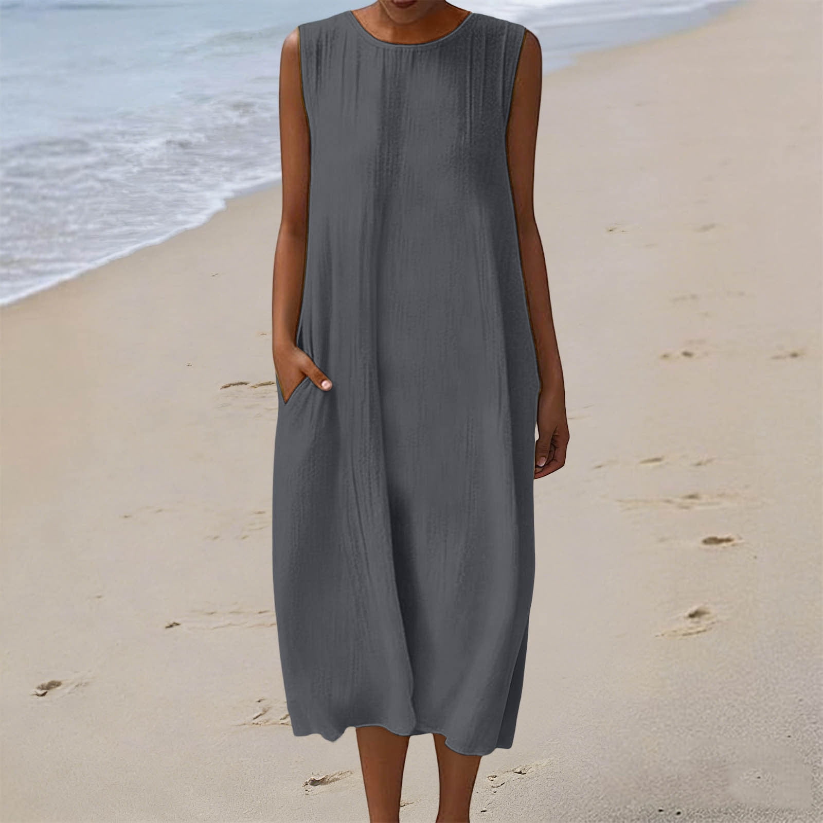 dress casual Uootdi Dresses for Women Solid Color Sleeveless Pocket Soft Comfy Relaxed Fit Daily Wear Gift Black Flowy Midi Dress feb11 Make staying fashionable a Size:16+$10 Korean