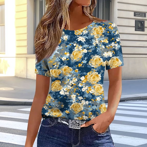 Uootdi Casual Tees for Women Botanical Leaf Print Crew Neck Short Sleeve Tops Loose Comfy Lightweight Summer Daily Shirts Gift