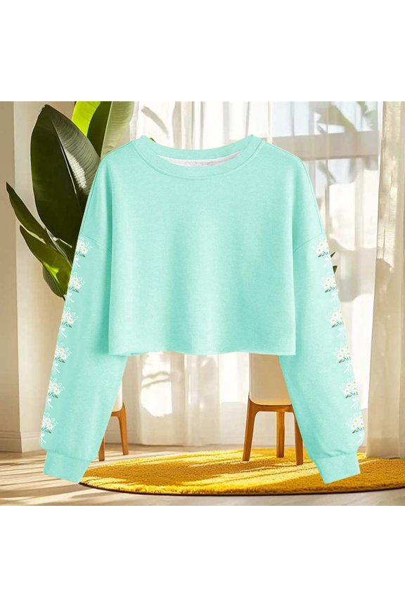 Casual Tops for Women Crewneck Long Sleeve Floral Print Cropped Hem Fall Winter Casual Sweatshirts Gift