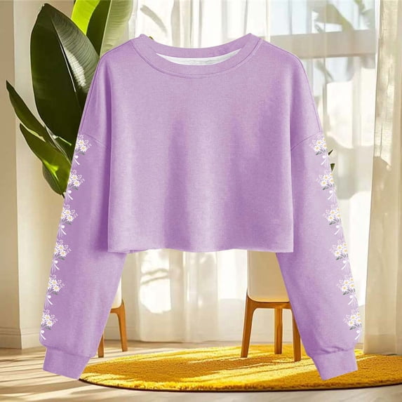 Uootdi Casual Tops for Women Crewneck Long Sleeve Floral Print Cropped Hem Fall Winter Casual Sweatshirts Gift