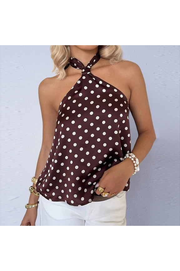 Casual Tops for Women Retro Dot Pattern Halter Strap Open Back Sleeveless Tees Stylish Lightweight Pullover Blouses Gift