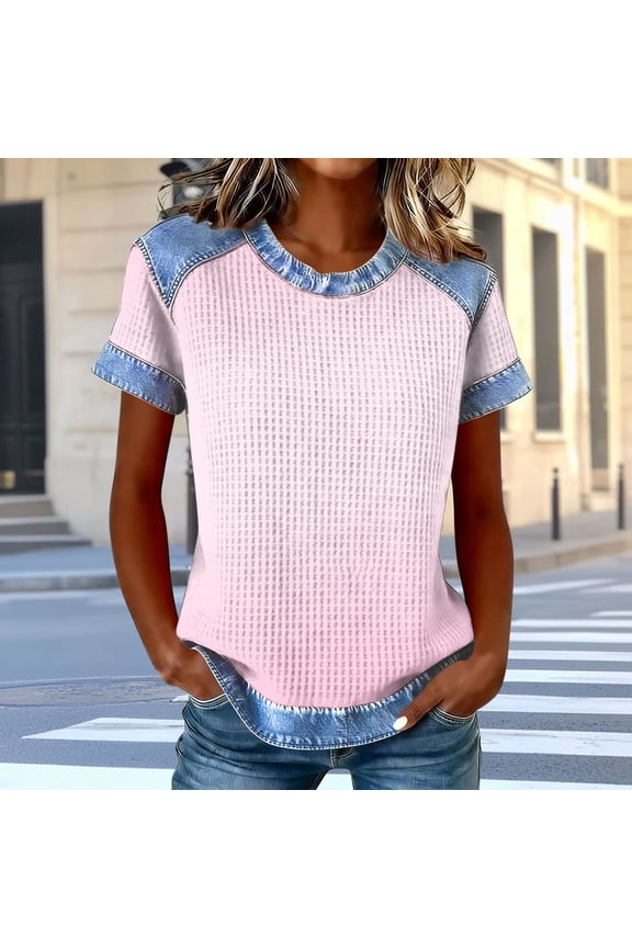 Casual Tops for Women Short Sleeve Ombre Waffle Knit Denim Print Patchwork Soft Comfy Summer Casual Daily Shirts Gift