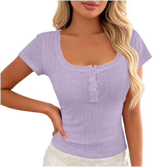 Uootdi Casual Tops for Women Square Neck Button Front Short Sleeve Tees Soft Breathable Fitted Everyday Fashion Blouses Gift