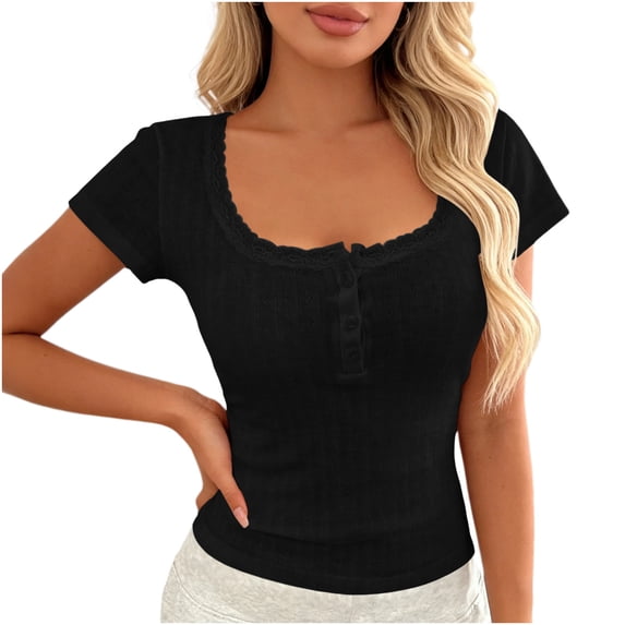 Uootdi Casual Tops for Women Square Neck Button Front Short Sleeve Tees Soft Breathable Fitted Everyday Fashion Blouses Gift