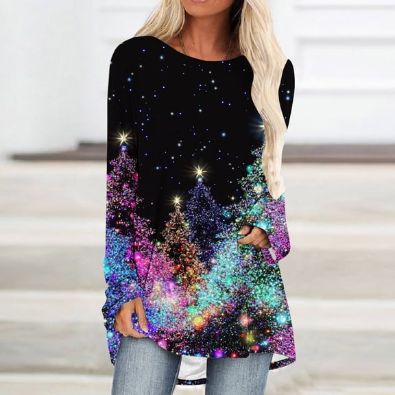 Uootdi Christmas Gifts Plus Size Long Sleeve Shirts Womens Xmas Gift Tree Santa Snowflake Deer Graphic Long Shirts Crewneck