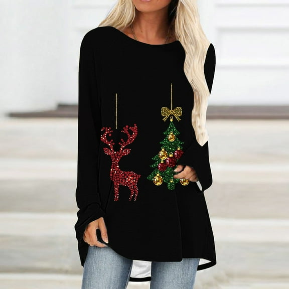 Uootdi Christmas Gifts Plus Size Long Sleeve Shirts Womens Xmas Tree Santa Gift Snowflake Deer Graphic Long Shirts Crewneck