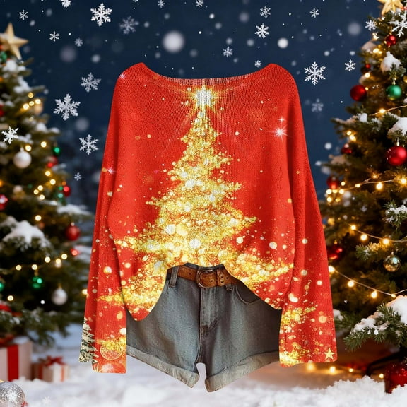 Uootdi Christmas Graphic Print Long Gift Sleeve Sweaters for Women Crewneck Drop Shoulder Knit Pullover Cute Santa Claus Fall Tu nics Tops