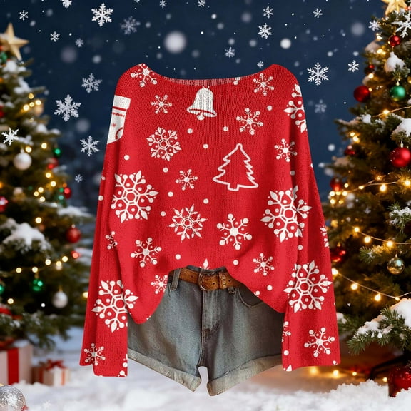 Uootdi Christmas Graphic Print Long Gift Sleeve Sweaters for Women Crewneck Drop Shoulder Knit Pullover Cute Santa Claus Fall Tu nics Tops