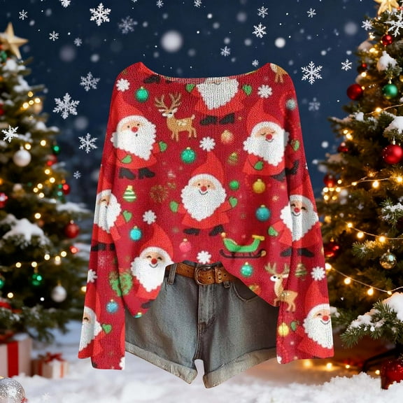 Uootdi Christmas Graphic Print Long Gift Sleeve Sweaters for Women Crewneck Drop Shoulder Knit Pullover Cute Santa Claus Fall Tu nics Tops