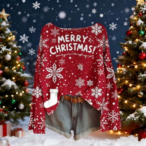 Uootdi Christmas Graphic Print Long Gift Sleeve Sweaters for Women Crewneck Drop Shoulder Knit Pullover Cute Santa Claus Fall Tu nics Tops