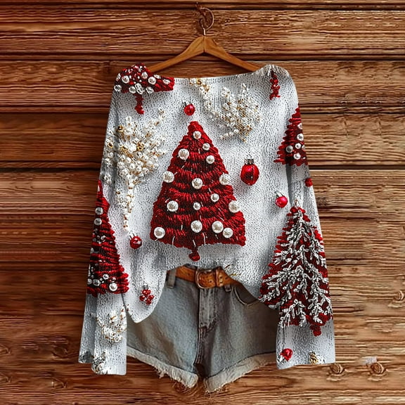 Uootdi Christmas Graphic Print Long Sleeve Sweaters for Women Crewneck Drop Shoulder Knit Pullover Cute Gift Santa Claus Fall Tu nics Tops