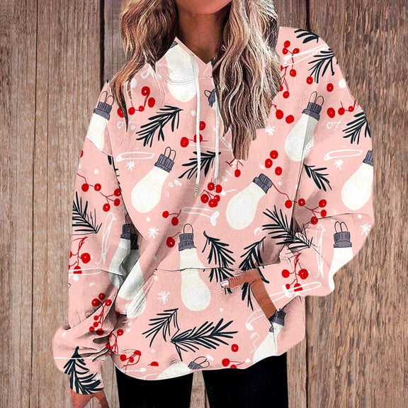 Uootdi Christmas Hoodies for Women Gift Fleece Christmas Classic Print Long Sleeve Sweatshirt Baggy Drawstring Pullover Winte r Warm Sweaters with Pocket