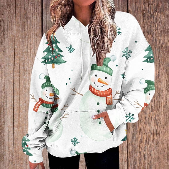 Uootdi Christmas Hoodies for Women Gift Fleece Christmas Classic Print Long Sleeve Sweatshirt Baggy Drawstring Pullover Winte r Warm Sweaters with Pocket