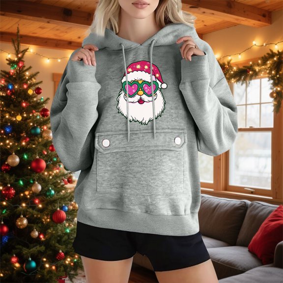 Uootdi Christmas Hoodies for Women Gift Trendy Funny snowflake Xmas Tree Santa Claus Head Graphic Long Sleeve Drawstring Hooded with Pocket