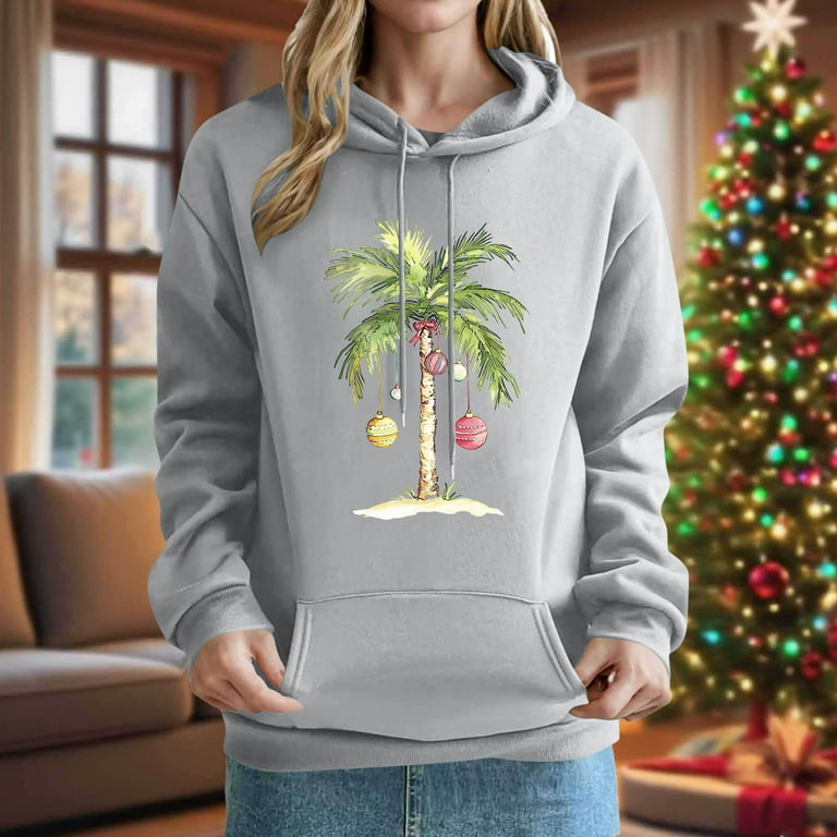 Uootdi Christmas Hoodies for Women Palm Tree Gift Light Sweatshirt