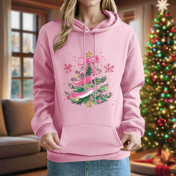 Uootdi Christmas Hoodies for Women Palm Tree Gift Light Sweatshirt Xmas Tree Print Hoodies With Pocket Casual Festive Gift Fall Pullover
