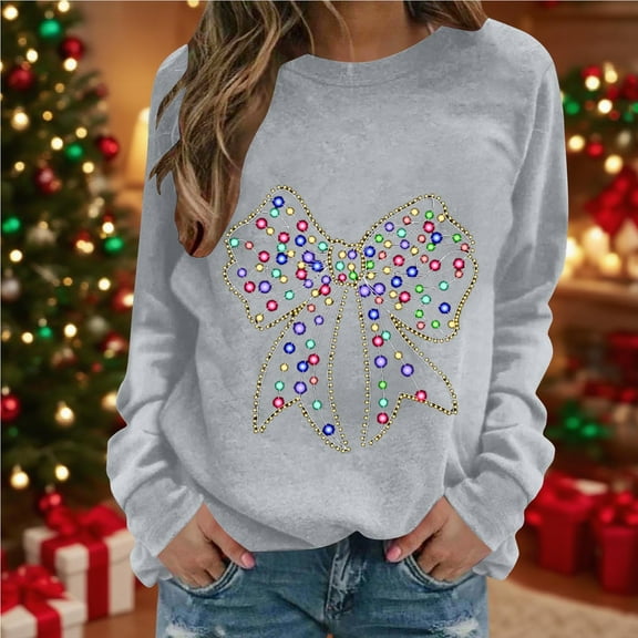 Uootdi Christmas Light Long Sleeve Sweatshirt Womens Christmas Bow Sweatshirt Winter Gift Holiday Party Crewneck Fall Xmas Out fits