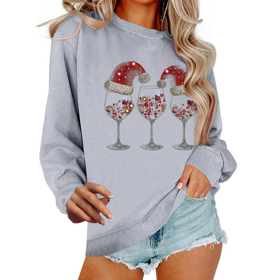 Uootdi Christmas Long Sleeve Gift Sweatshirts for Women Crewneck Christmas Gnome Wine Glass Cute Santa Hat Xmas Tree Graphic T-S hirts