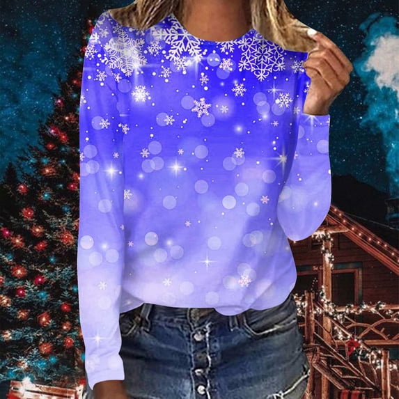 Uootdi Christmas Long Sleeve Shirts for Gift Women Crewneck Xmas Graphic Snowflakes Printed Vintage Tops Fall Fashion Must Have s