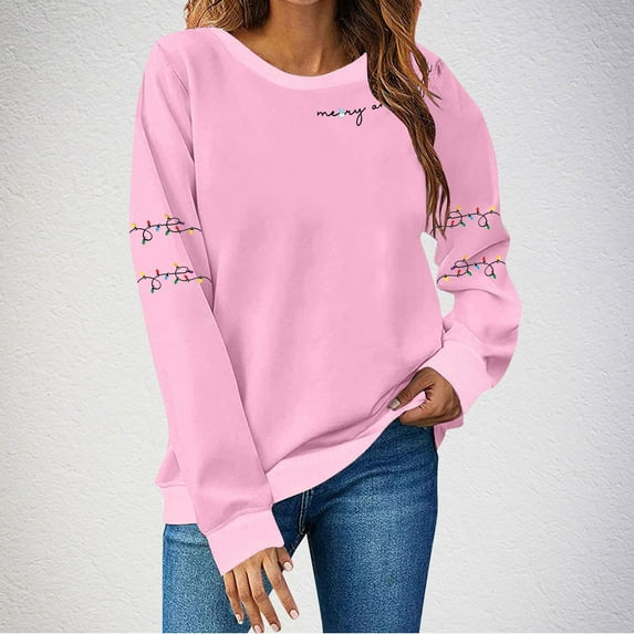 Uootdi Christmas Long Sleeve Shirts for Women Crewneck Christmas Light Sweatshirts Merry And Bright Xmas Gift Pullover Tops Hol iday
