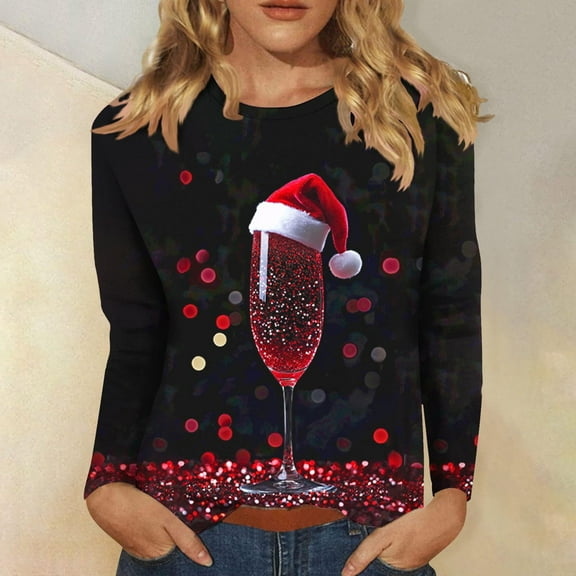 Uootdi Christmas Long Sleeve Shirts for Women Tunic Blouses Cute Xmas Printed Tops Crew Neck Gift Graphic Tees