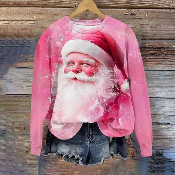 Uootdi Christmas Long Sleeve Sweatshirt for Women Cute Santa Claus Printed Sweatshirts Crewneck Xmas Holiday Tops Early Fa Gift ll Fashion