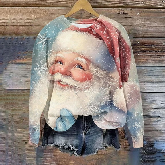 Uootdi Christmas Long Sleeve Sweatshirt for Women Cute Santa Claus Printed Sweatshirts Crewneck Xmas Holiday Tops Early Fa Gift ll Fashion