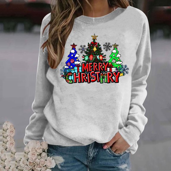 Uootdi Christmas Long Sleeve Sweatshirt for Women Funny Holiday Xmas Tree Gift Graphic Pullover Top Fashion Merry Holiday Light weight Shirt